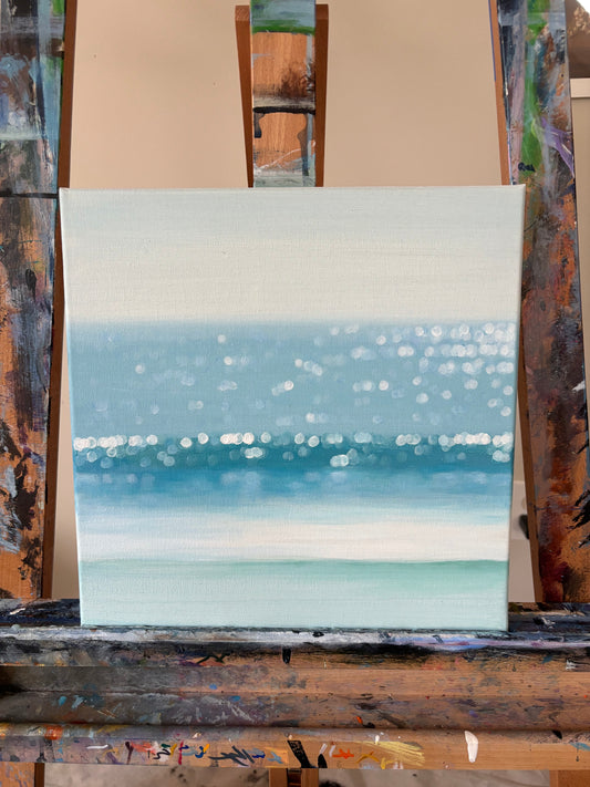 Coastal Bokeh Ocean Painting – Soft Blue Seascape Wall Art, Minimalist Beach Decor