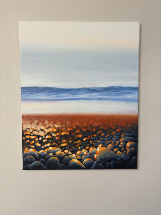 Golden Bokeh Shoreline Painting – Coastal Beach Sunset Wall Art with Pebbles & Ocean Waves