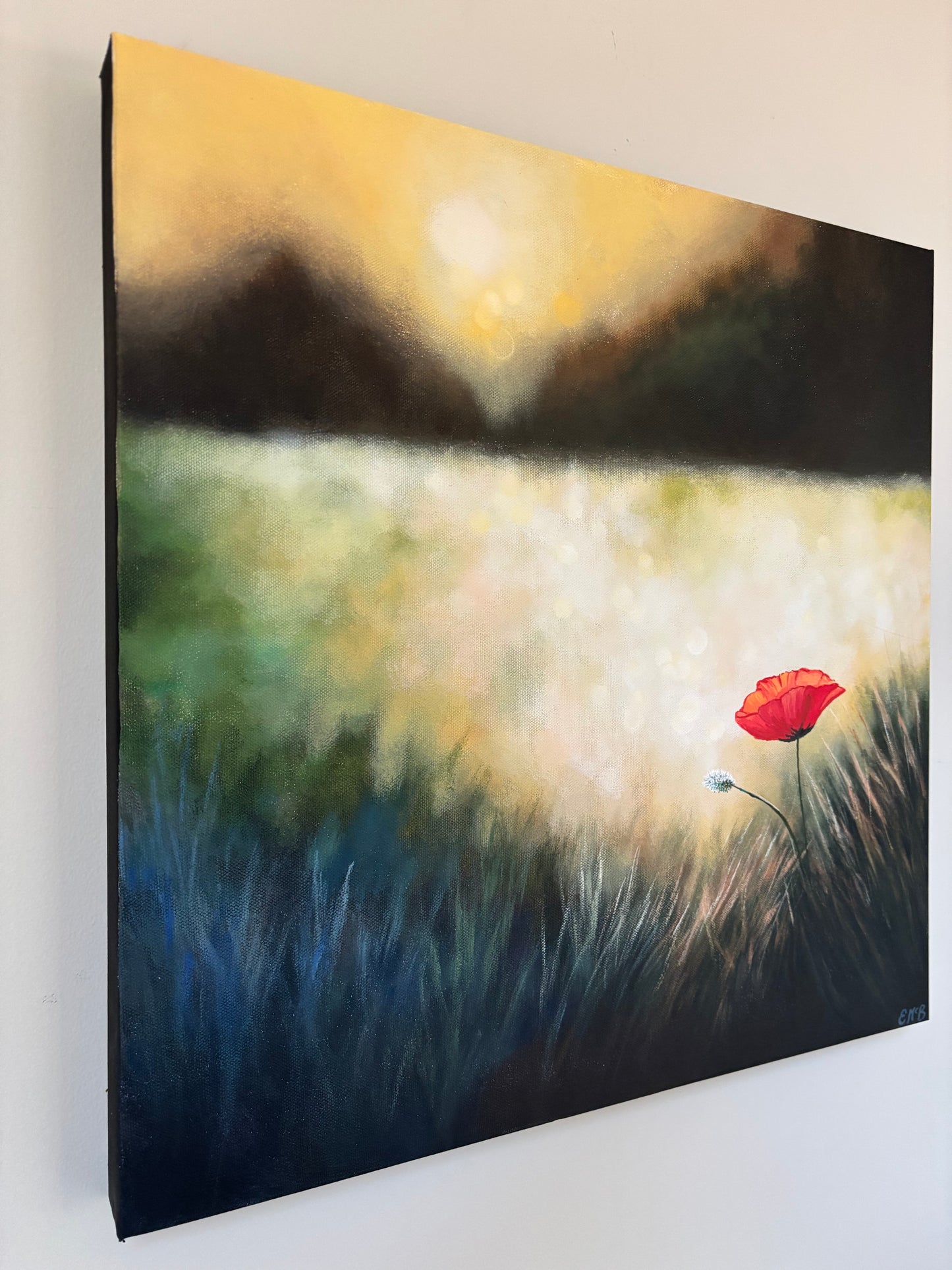 Soft Reverie- Bokeh landscape with lone poppy
