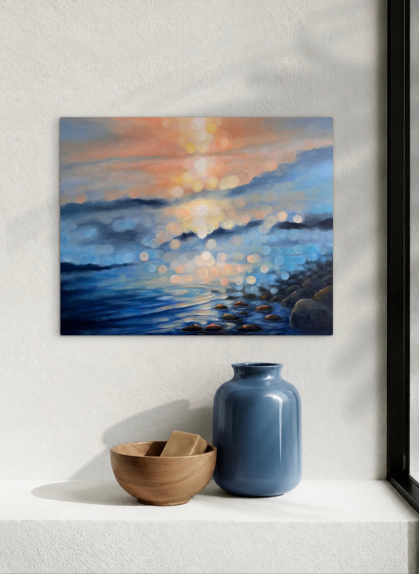 Where Evening Meets the Water
Original Bokeh Landscape Painting | Rocky Shoreline & Sunset Water Art