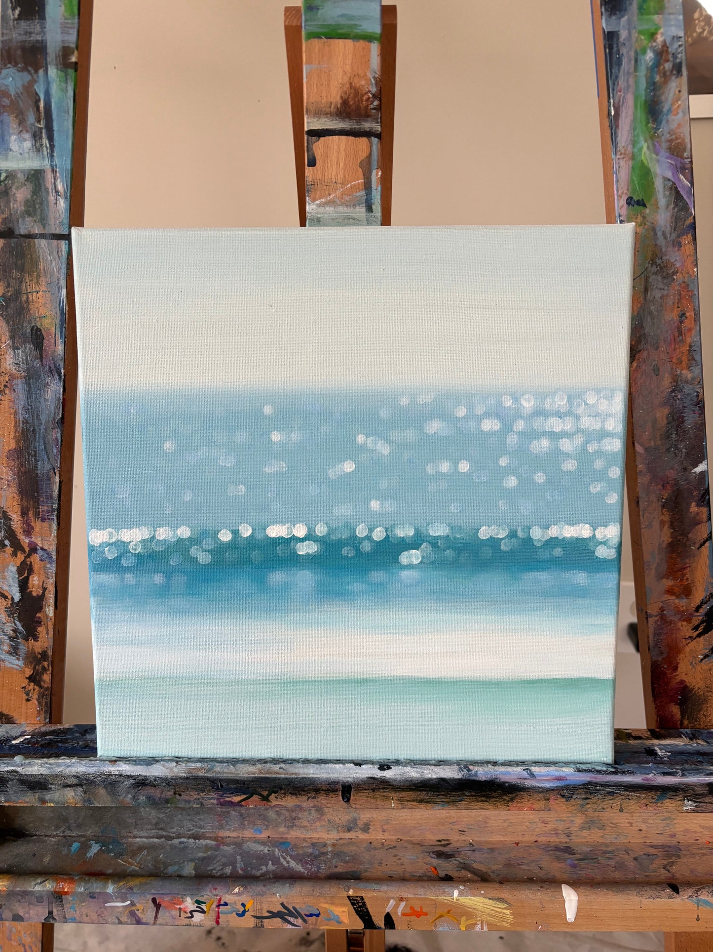 Coastal Bokeh Ocean Painting – Soft Blue Seascape Wall Art, Minimalist Beach Decor