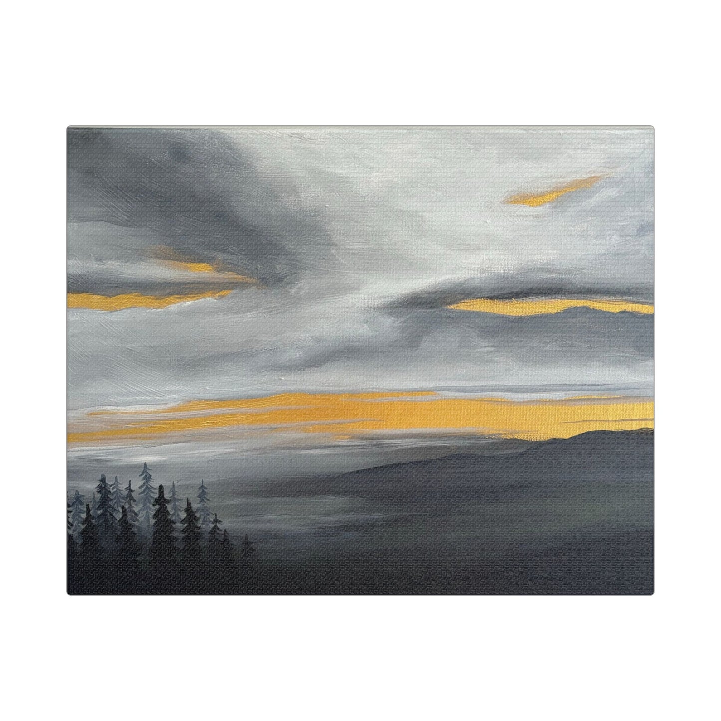 Canvas Wall Art - Golden Skies Through Clouded Mountain Forest