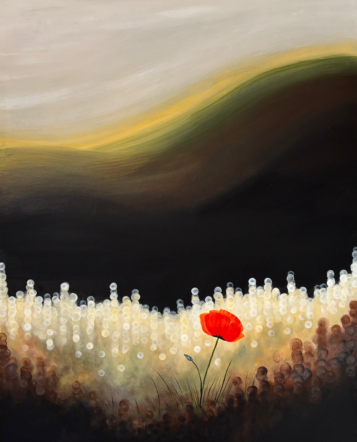 Glowing Poppy Meadow Painting – Bokeh Light Landscape Art, Warm Abstract Nature Wall Decor
