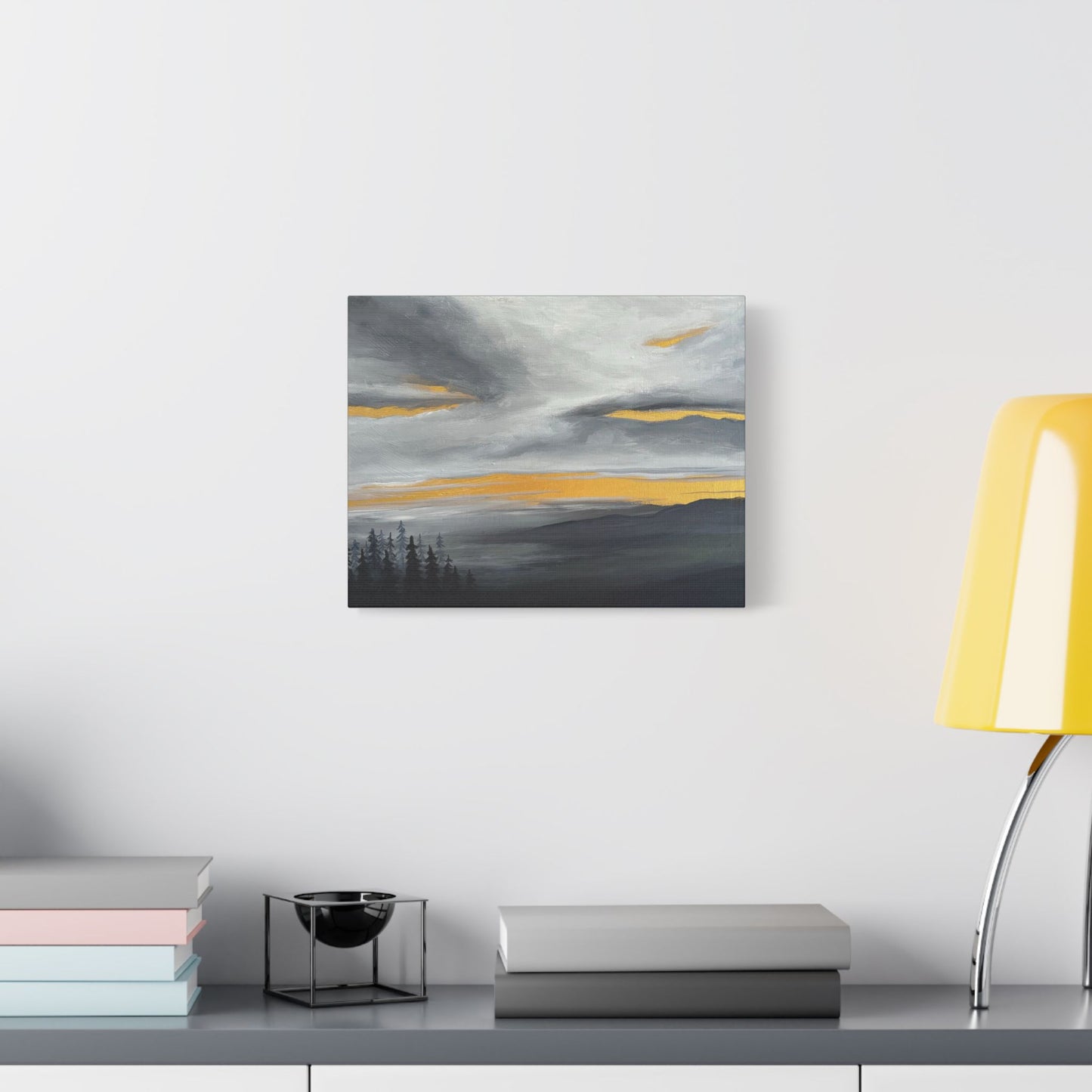 Canvas Wall Art - Golden Skies Through Clouded Mountain Forest