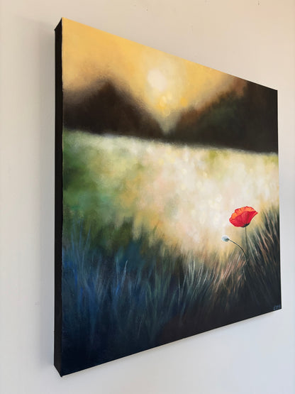 Soft Reverie- Bokeh landscape with lone poppy