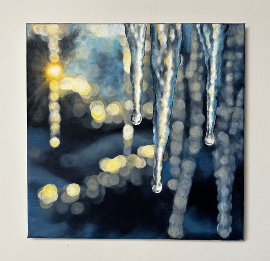 Winter Icicles in Glowing Light | Original Acrylic Bokeh Painting