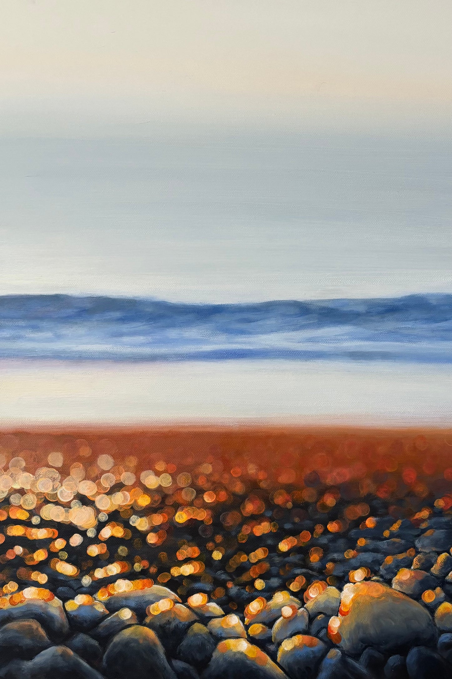 Golden Bokeh Shoreline Painting – Coastal Beach Sunset Wall Art with Pebbles & Ocean Waves