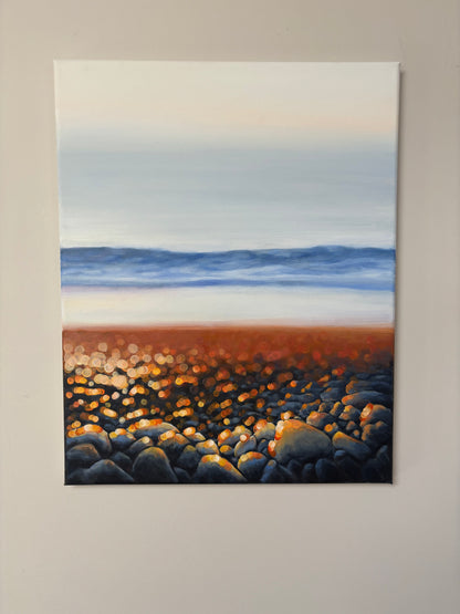 Golden Bokeh Shoreline Painting – Coastal Beach Sunset Wall Art with Pebbles & Ocean Waves