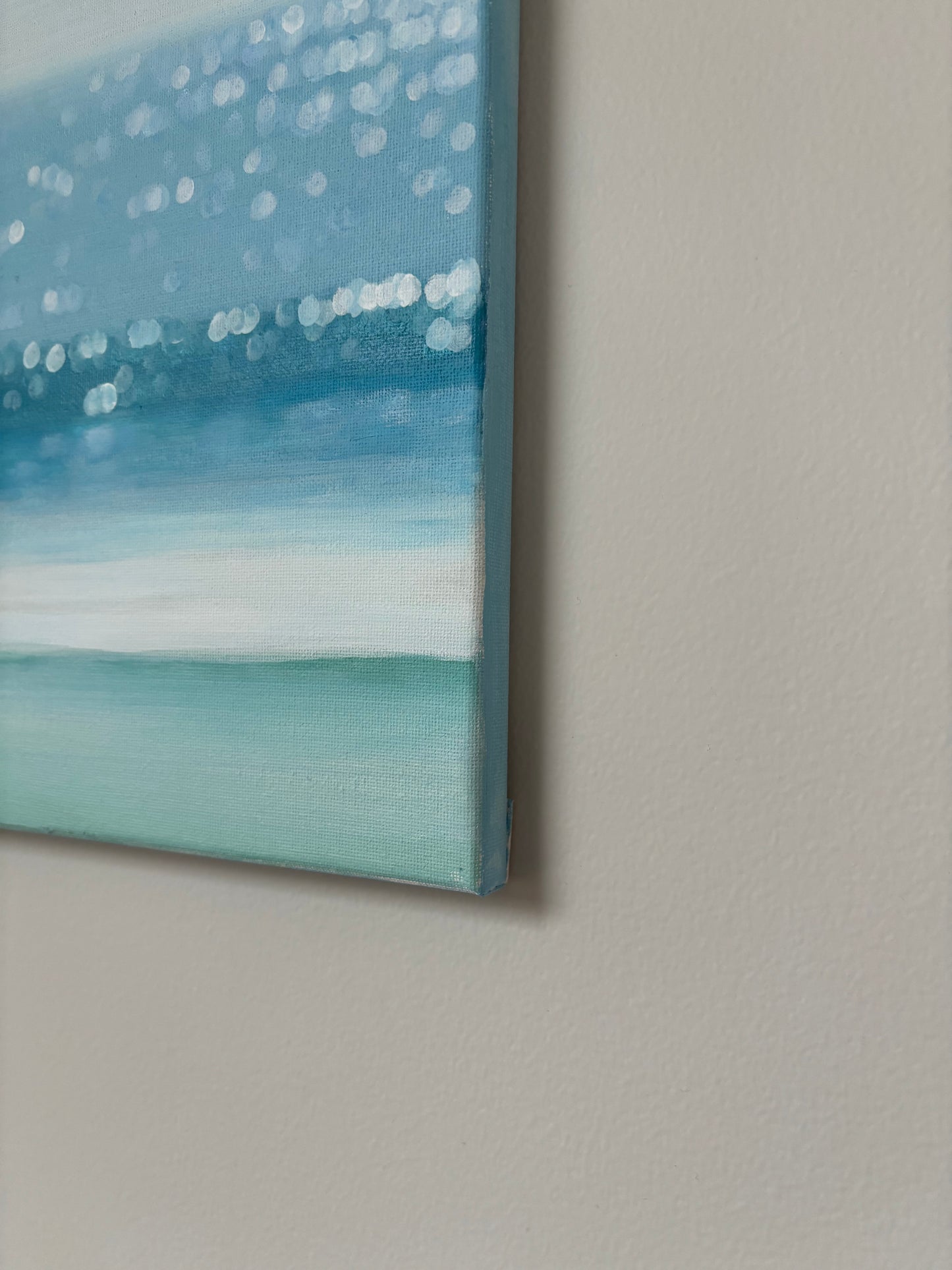 Coastal Bokeh Ocean Painting – Soft Blue Seascape Wall Art, Minimalist Beach Decor