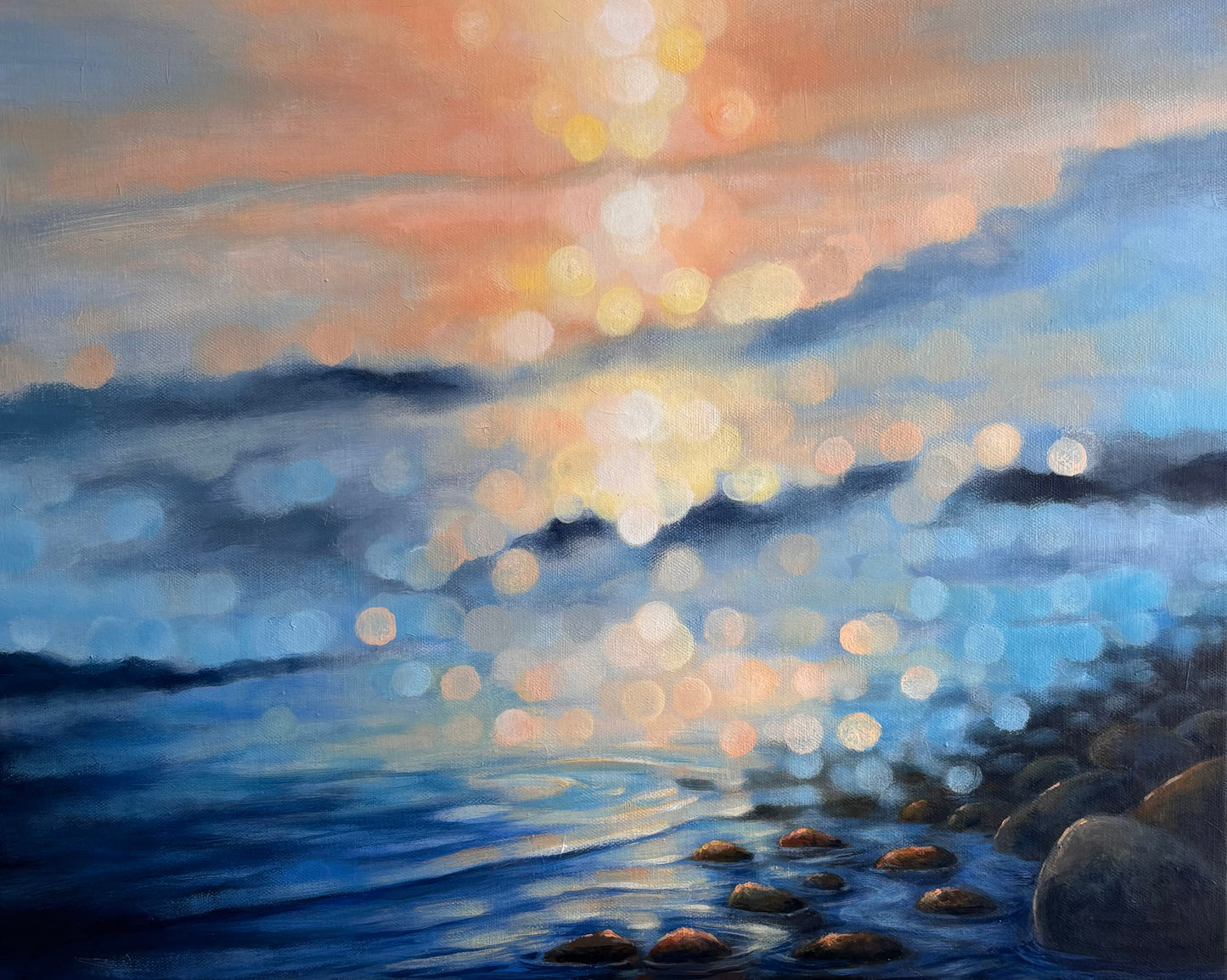 Where Evening Meets the Water

Original Bokeh Landscape Painting | Rocky Shoreline & Sunset Water Art