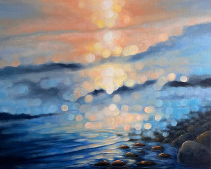 Where Evening Meets the Water

Original Bokeh Landscape Painting | Rocky Shoreline & Sunset Water Art