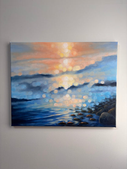 Where Evening Meets the Water

Original Bokeh Landscape Painting | Rocky Shoreline & Sunset Water Art