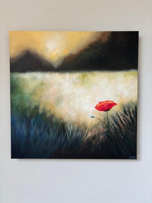 Soft Reverie- Bokeh landscape with lone poppy