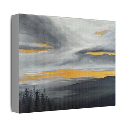 Canvas Wall Art - Golden Skies Through Clouded Mountain Forest