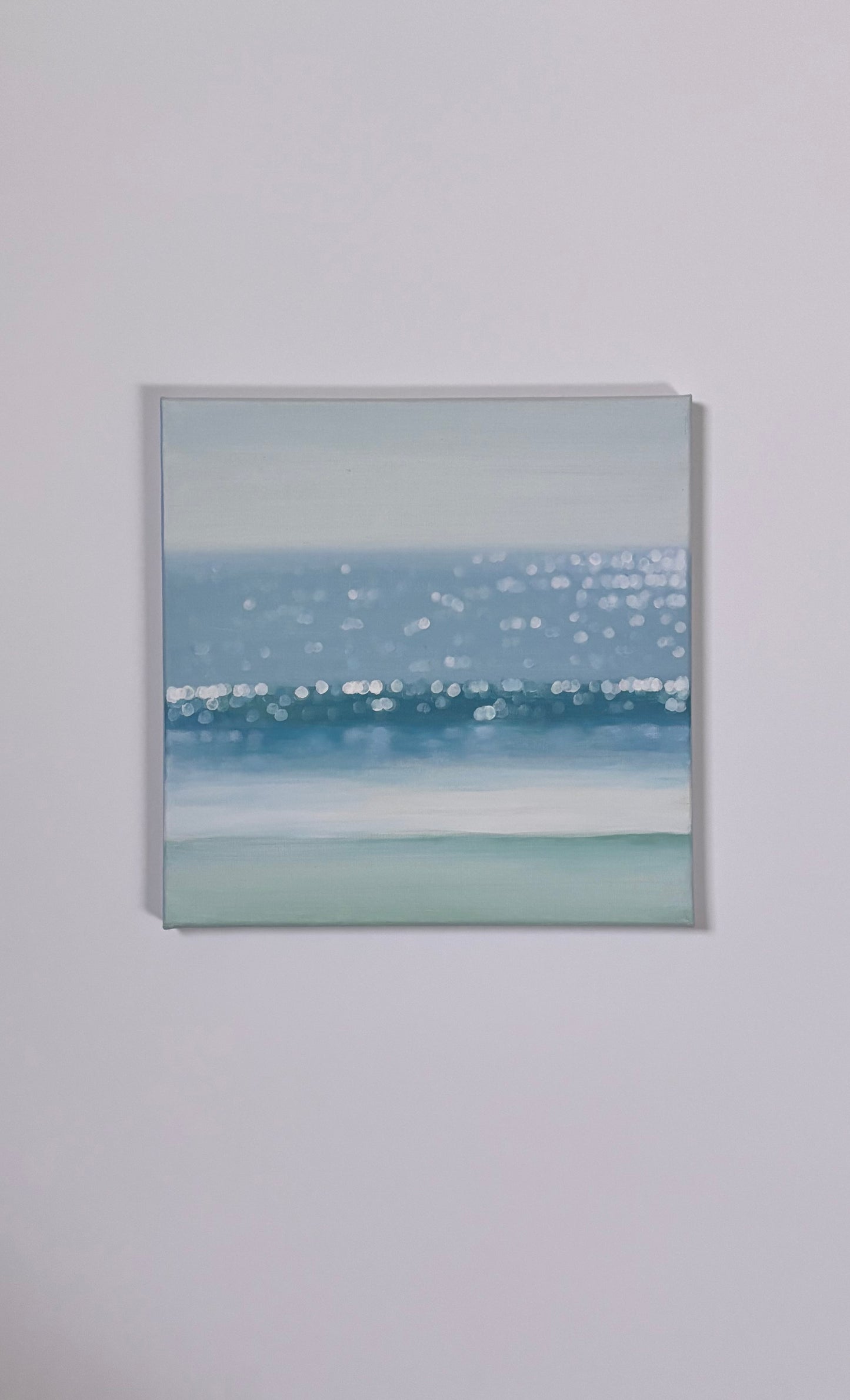 Coastal Bokeh Ocean Painting – Soft Blue Seascape Wall Art, Minimalist Beach Decor