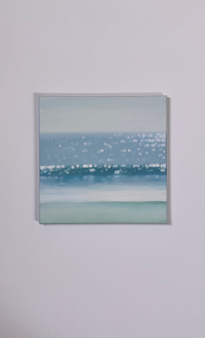 Coastal Bokeh Ocean Painting – Soft Blue Seascape Wall Art, Minimalist Beach Decor