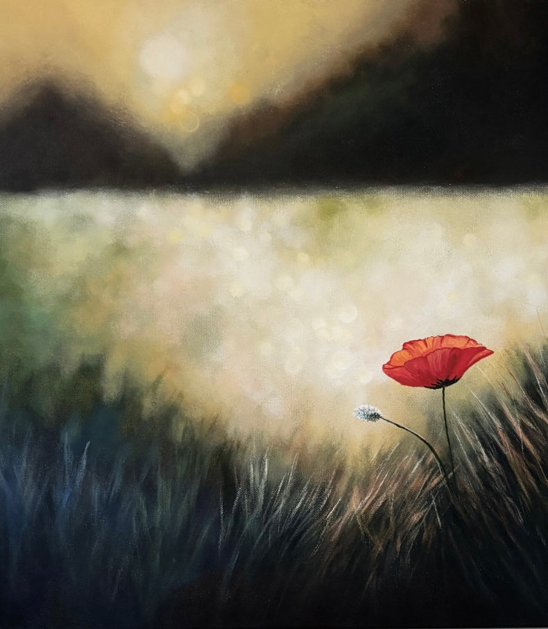 Soft Reverie- Bokeh landscape with lone poppy