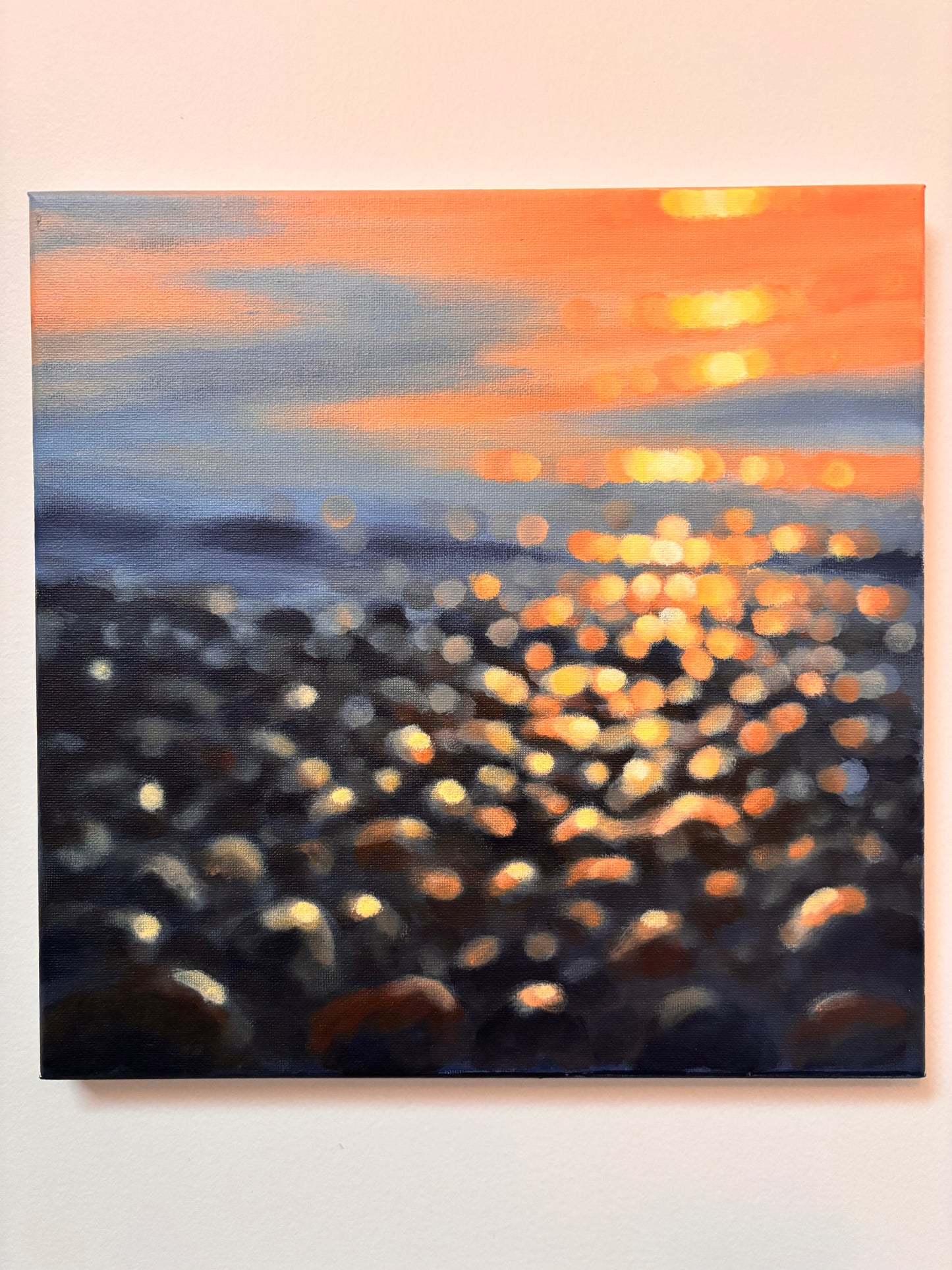 Embers on the Tide | Original Bokeh Coastal Sunset Acrylic Painting