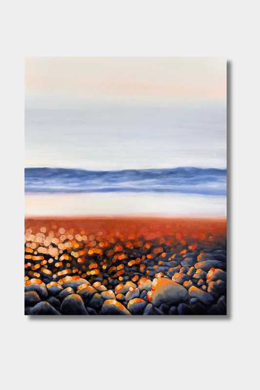 Golden Bokeh Shoreline Painting – Coastal Beach Sunset Wall Art with Pebbles & Ocean Waves