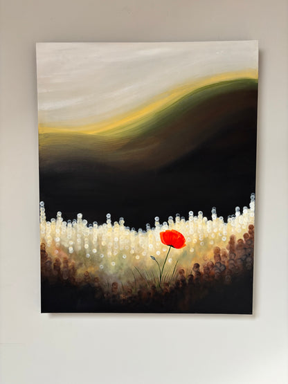 Glowing Poppy Meadow Painting – Bokeh Light Landscape Art, Warm Abstract Nature Wall Decor