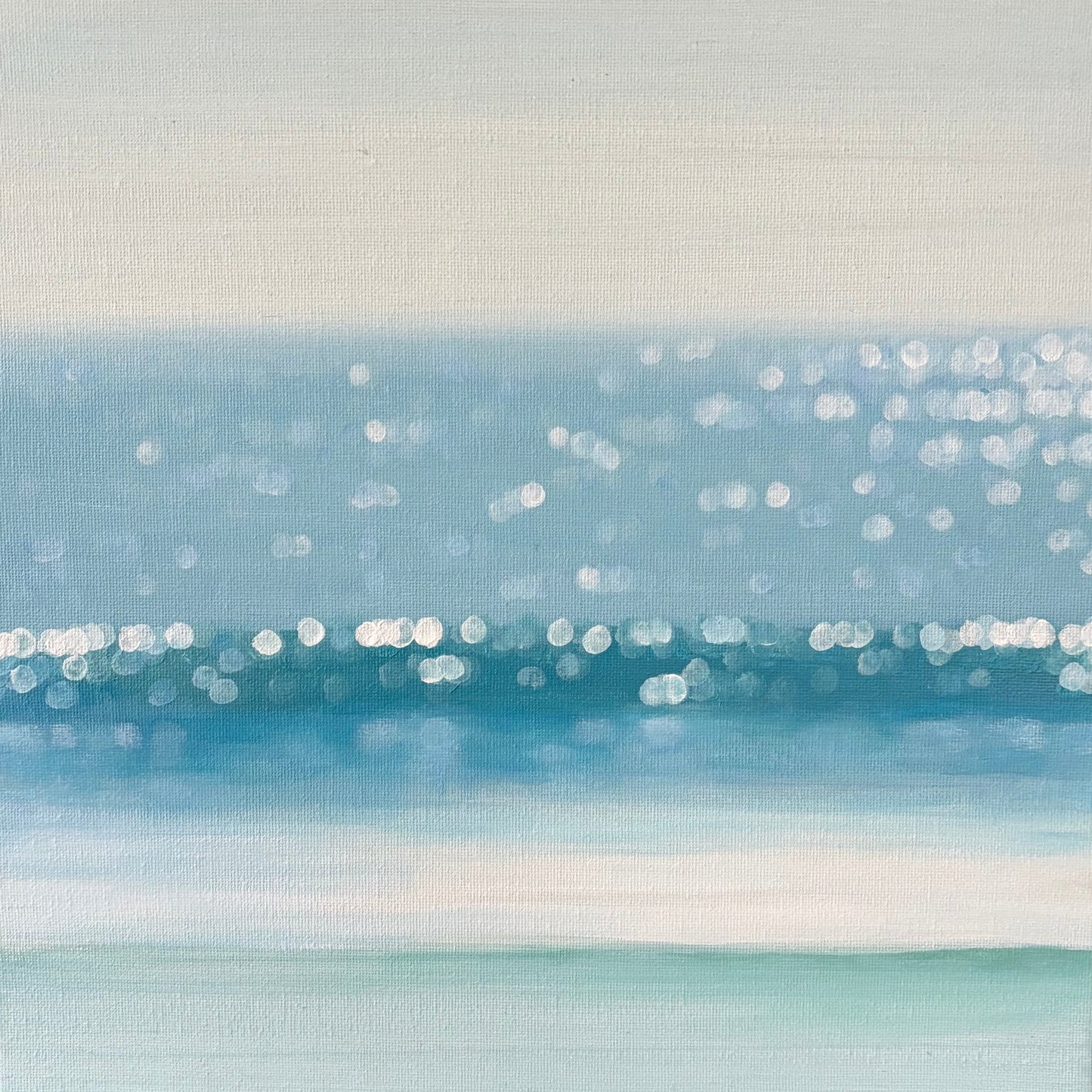 Coastal Bokeh Ocean Painting – Soft Blue Seascape Wall Art, Minimalist Beach Decor