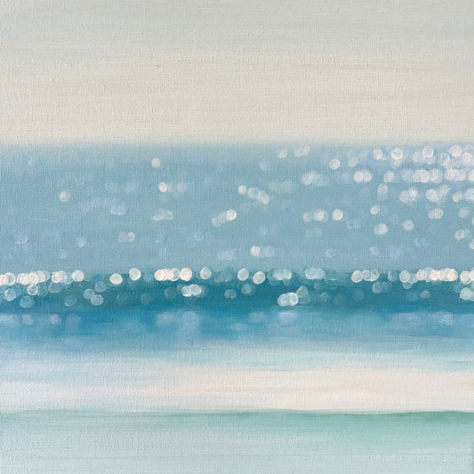 Coastal Bokeh Ocean Painting – Soft Blue Seascape Wall Art, Minimalist Beach Decor