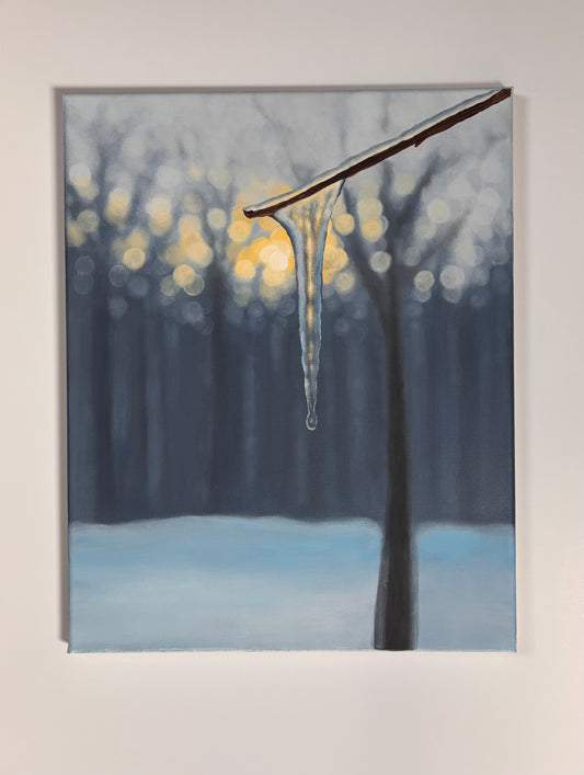Winter’s Last Light | Original Icicle & Forest Bokeh Painting