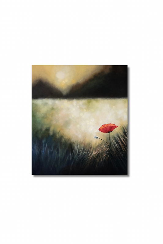 Soft Reverie- Bokeh landscape with lone poppy