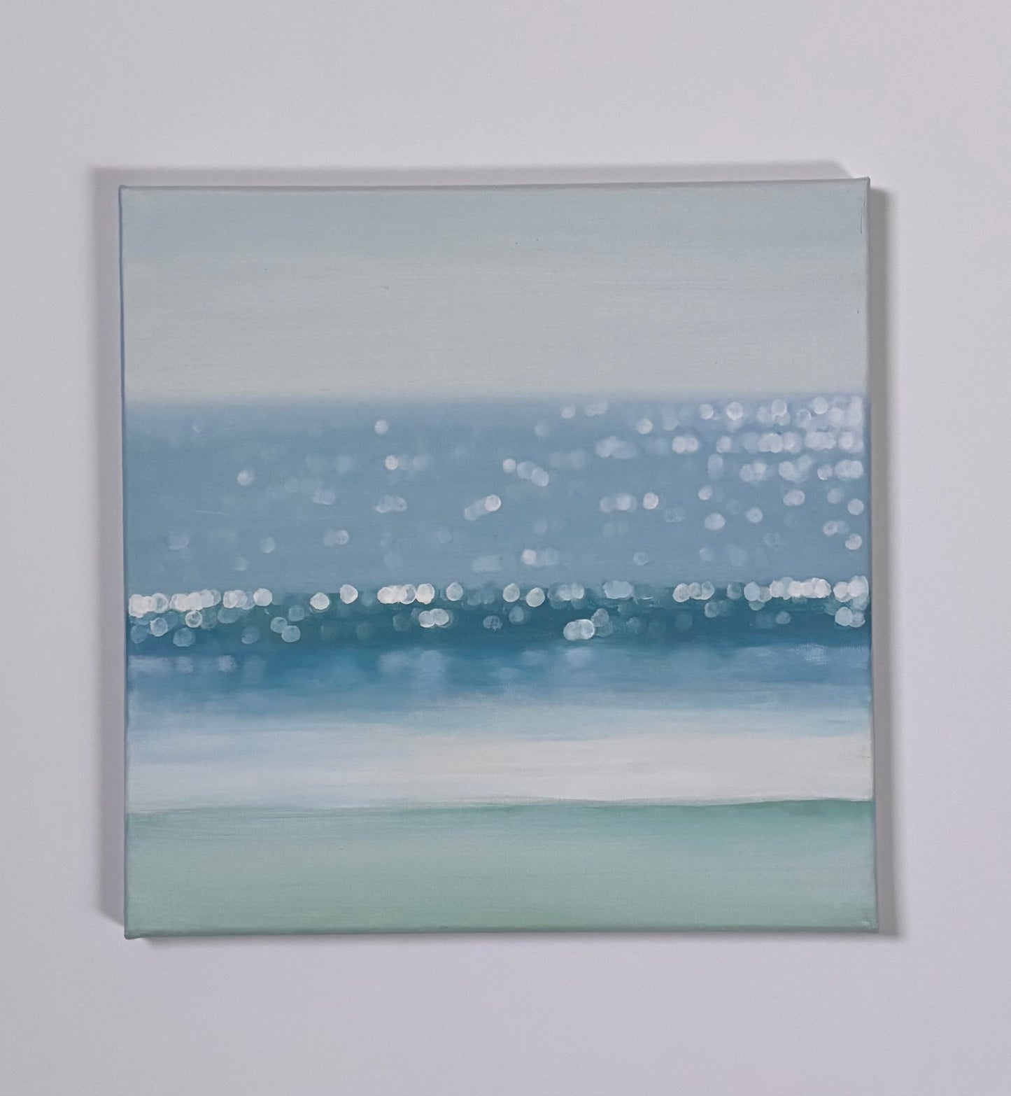 Coastal Bokeh Ocean Painting – Soft Blue Seascape Wall Art, Minimalist Beach Decor