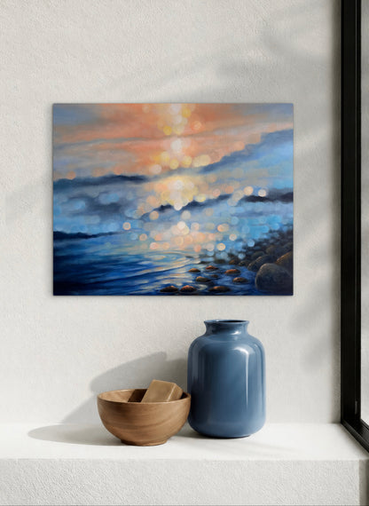 Where Evening Meets the Water

Original Bokeh Landscape Painting | Rocky Shoreline & Sunset Water Art