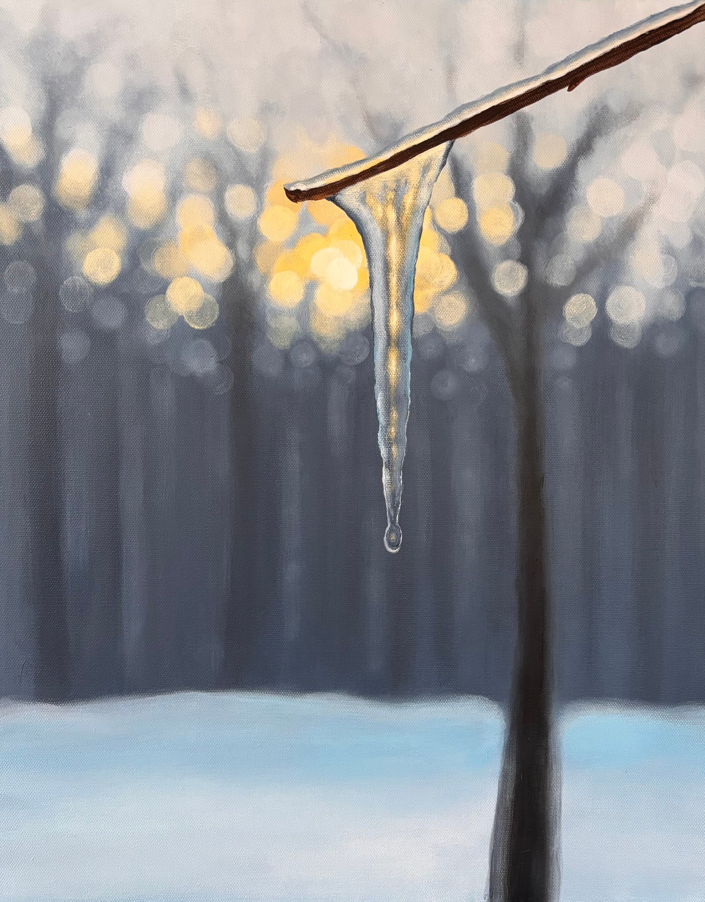 Winter’s Last Light | Original Icicle & Forest Bokeh Painting