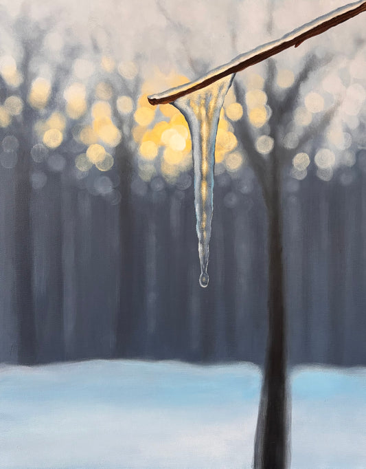 Winter’s Last Light | Original Icicle & Forest Bokeh Painting