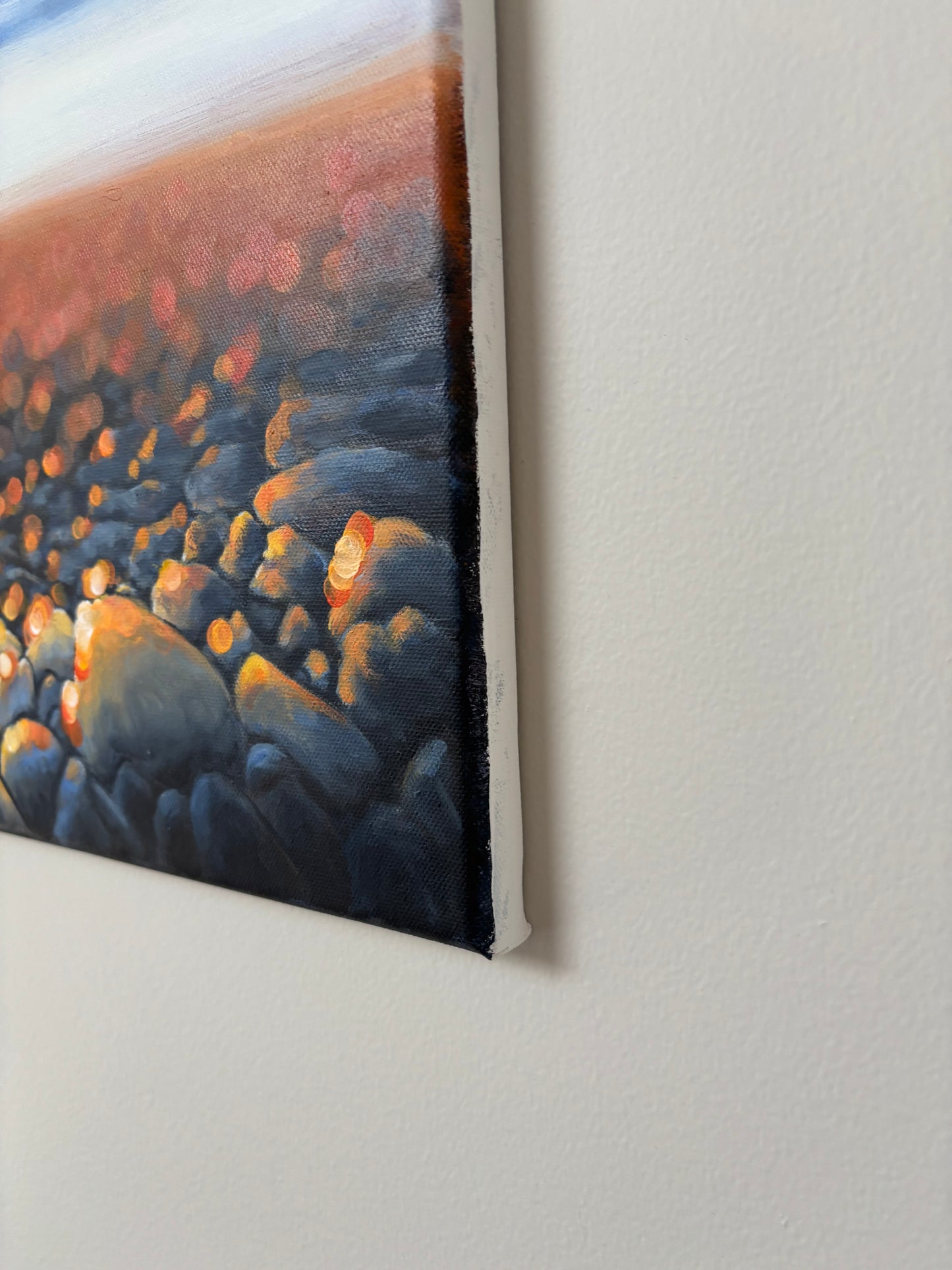 Golden Bokeh Shoreline Painting – Coastal Beach Sunset Wall Art with Pebbles & Ocean Waves