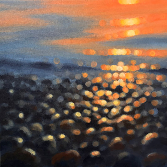 Embers on the Tide | Original Bokeh Coastal Sunset Acrylic Painting