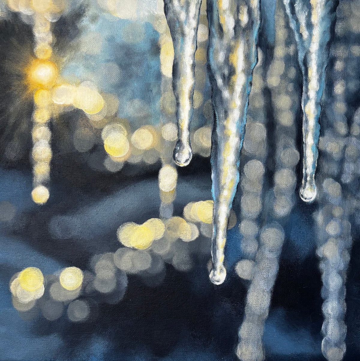 Winter Icicles in Glowing Light | Original Acrylic Bokeh Painting
