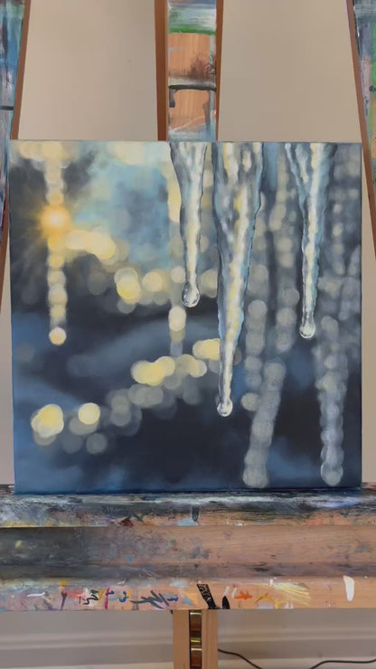 Winter Icicles in Glowing Light | Original Acrylic Bokeh Painting